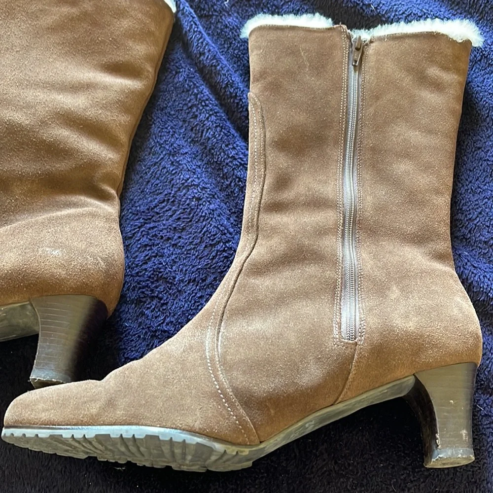 COLE HAAN BROWN MID-CALF HEELED BOOTS SHERPA LINED WITH ZIPPERS SIZE 9.5